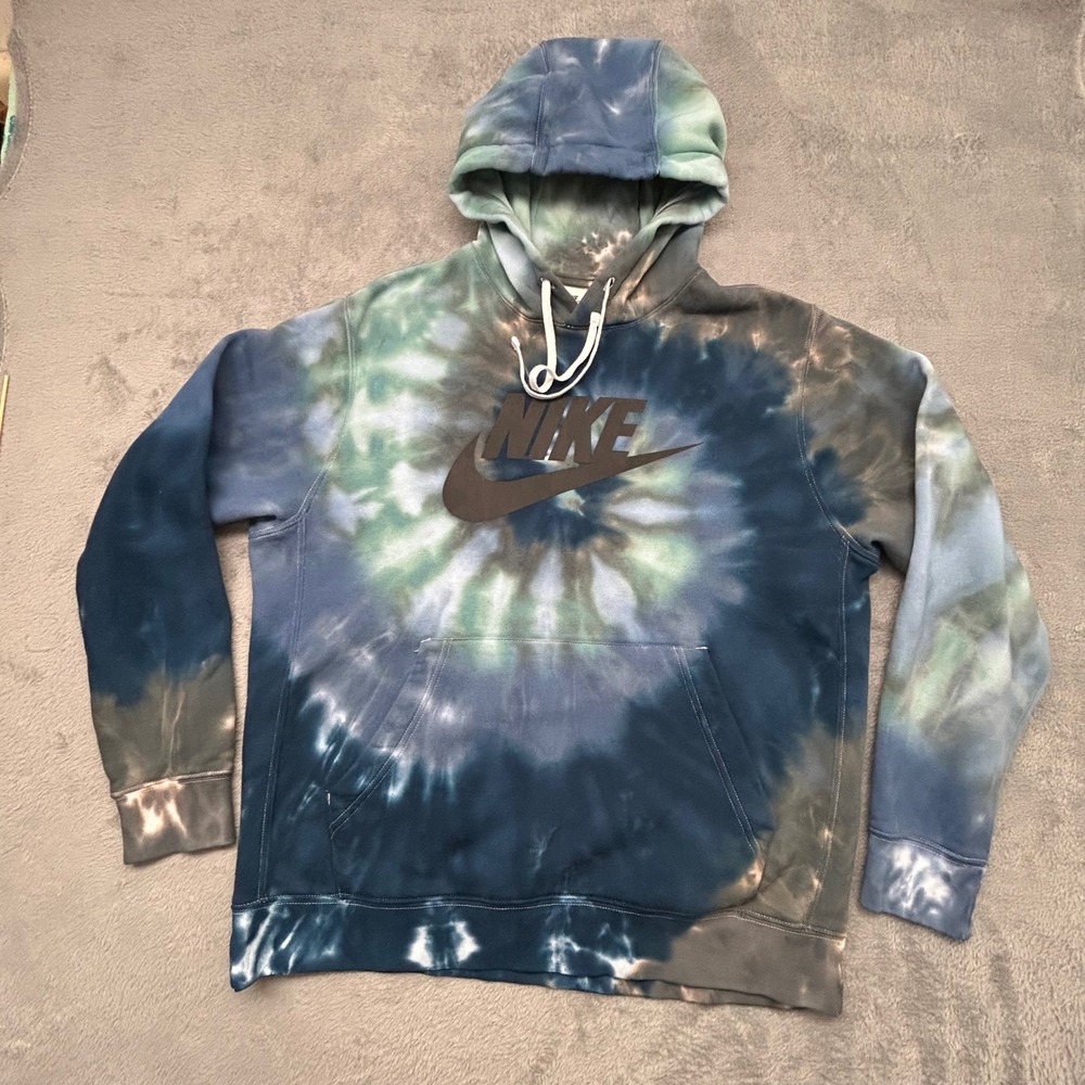 Nike Men's Large Tie Dye Pullover Hoodie Blue Green Gray Swoosh Logo Custom